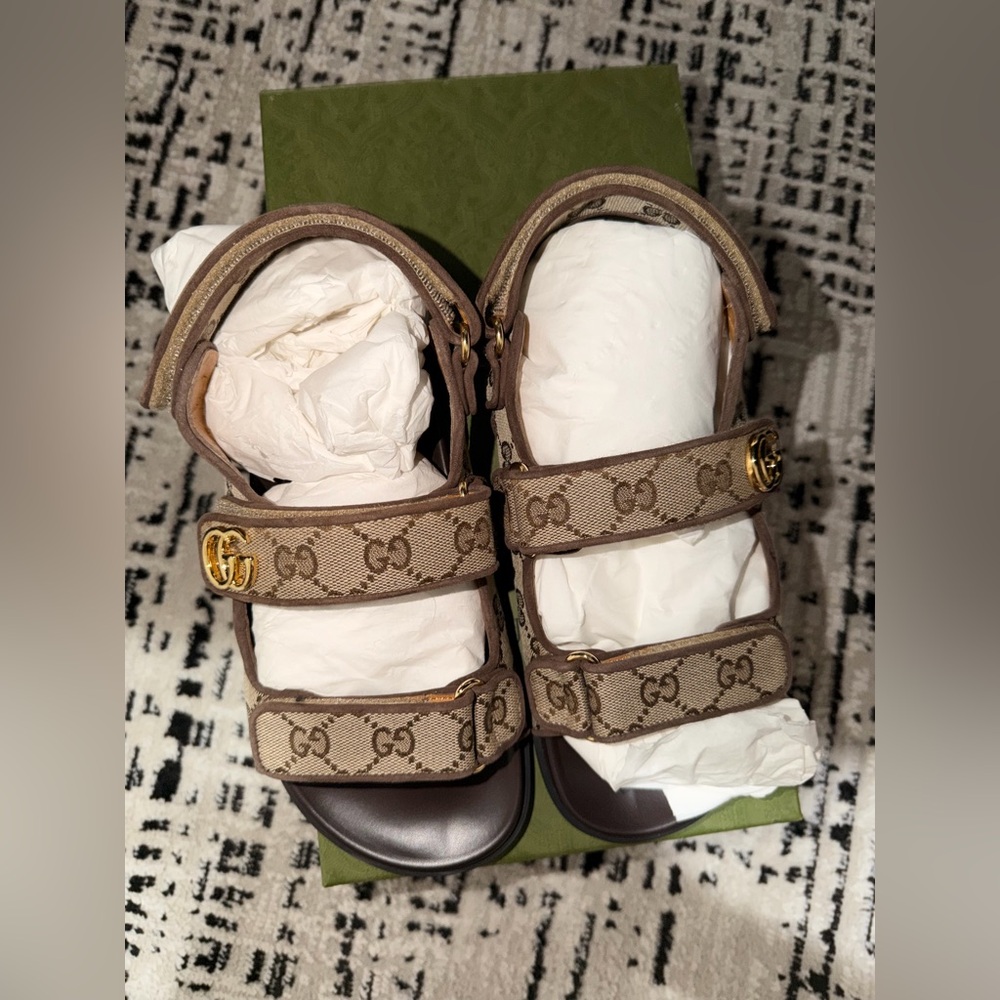Gucci Beige Brown GG Canvas Double Strap Sandals with Gold Hardware